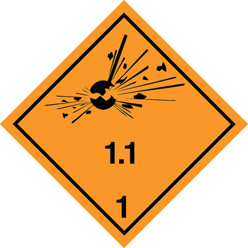 Nalepka ADR nr 1.1 - klasa 1 podklasa 1.1 - Materiały wybuchowe i przedmioty z materiałem wybuchowym (FOLIA) - 10x10cm (rolka po 250 sztuk nalepek)