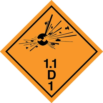 Nalepka ADR nr 1.1D - klasa 1 podklasa 1.1 grupa zgodności D - Materiały wybuchowe i przedmioty z materiałem wybuchowym (FOLIA) - 10x10cm (rolka po 250 sztuk nalepek)