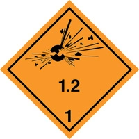 Nalepka ADR nr 1.2 - klasa 1 podklasa 1.2 - Materiały wybuchowe i przedmioty z materiałem wybuchowym (FOLIA) - 10x10cm (rolka po 250 sztuk nalepek)