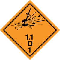 Nalepka ADR nr 1.1D - klasa 1 podklasa 1.1 grupa zgodności D - Materiały wybuchowe i przedmioty z materiałem wybuchowym (FOLIA) - 10x10cm (rolka po 250 sztuk nalepek)